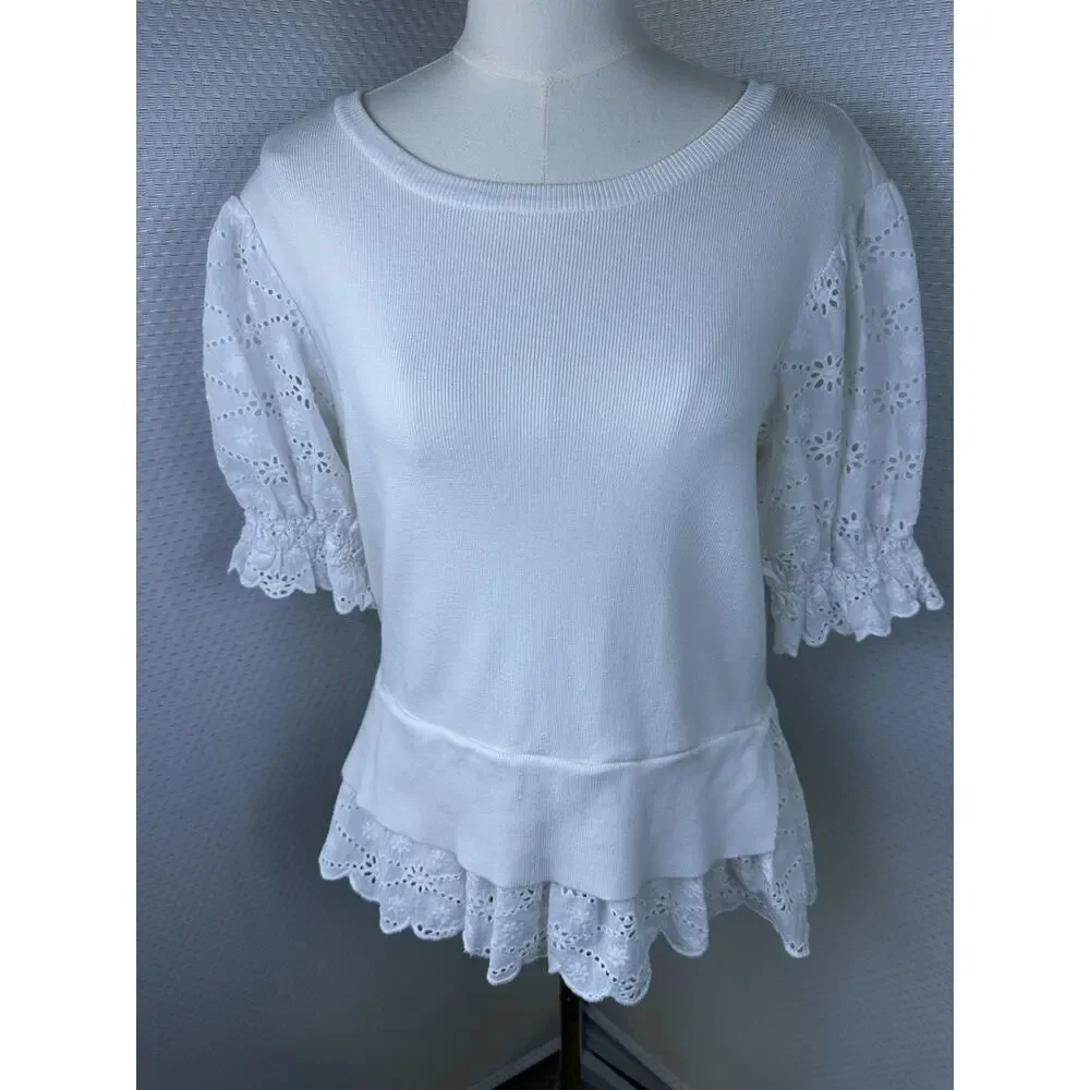 Anthropologie English Factory Eyelet Puff-Sleeve Sweater Tee Anthro Large
